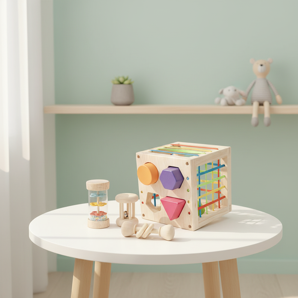 Set Sensoriale Primi Passi™ Montessori – 4 in 1 - Cubo, Sonagli e Bastone della pioggia