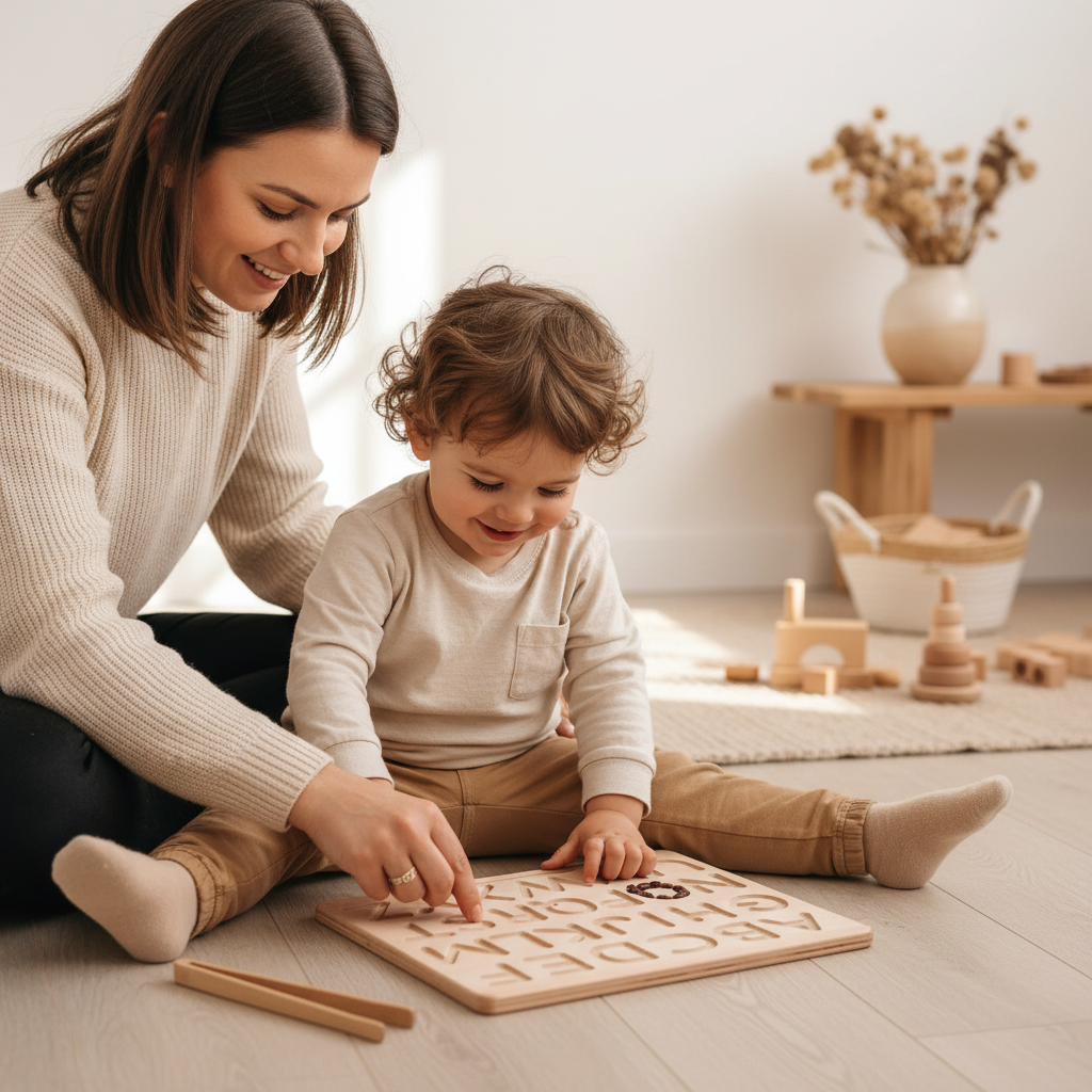 Tavoletta Montessoriana Primi Passi™ in Legno da Tracciare per Bambini, Lettere Maiuscole, Minuscole e Numeri Double Face - Gioco Educativo