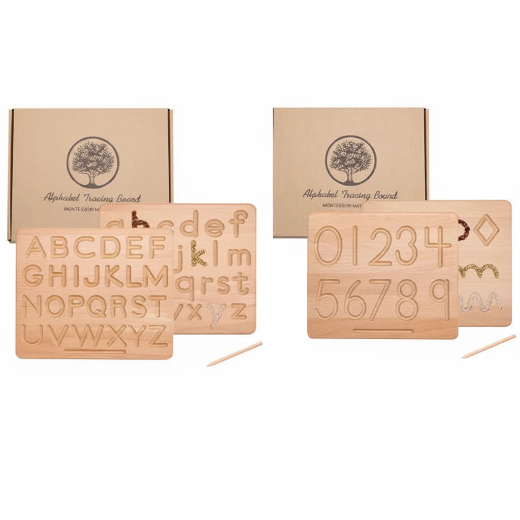 Tavoletta Primi Passi™ Montessori in Legno da Tracciare per Bambini, Lettere Maiuscole, Minuscole e Numeri Double Face - Gioco Educativo