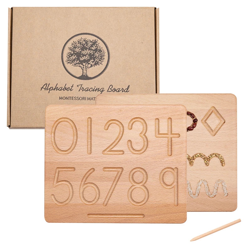 Tavoletta Primi Passi™ Montessori in Legno da Tracciare per Bambini, Lettere Maiuscole, Minuscole e Numeri Double Face - Gioco Educativo