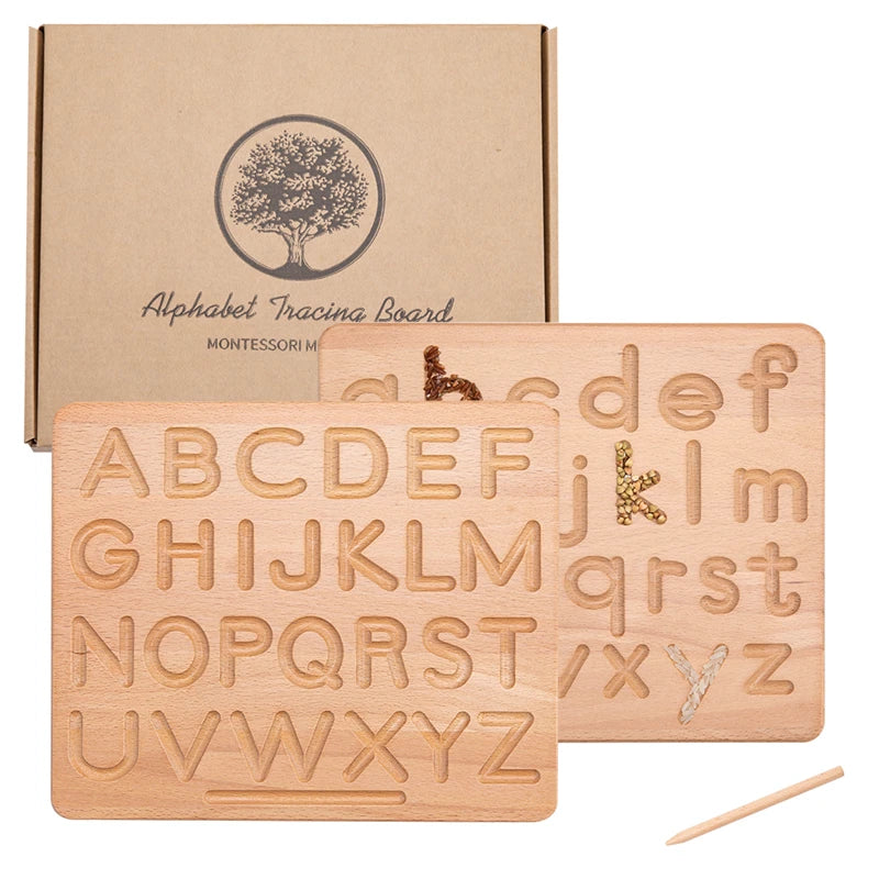 Tavoletta Montessoriana Primi Passi™ in Legno da Tracciare per Bambini, Lettere Maiuscole, Minuscole e Numeri Double Face - Gioco Educativo