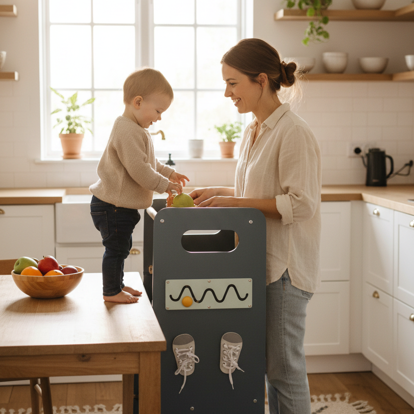 Torre Sgabello Primi Passi™ Montessori - Sgabello, Lavagna e Busy Board