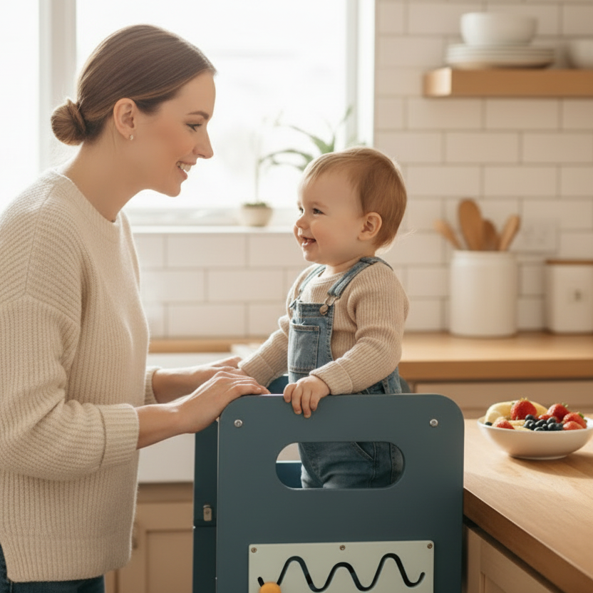 Torre Sgabello Primi Passi™ Montessori - Sgabello, Lavagna e Busy Board