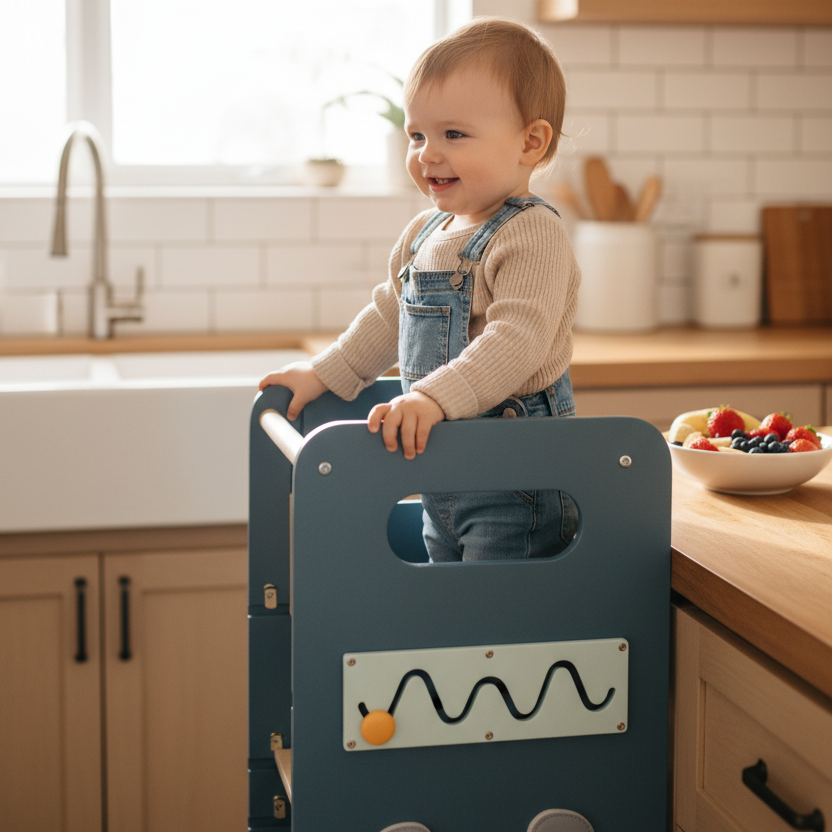 Torre Sgabello Primi Passi™ Montessori - Sgabello, Lavagna e Busy Board