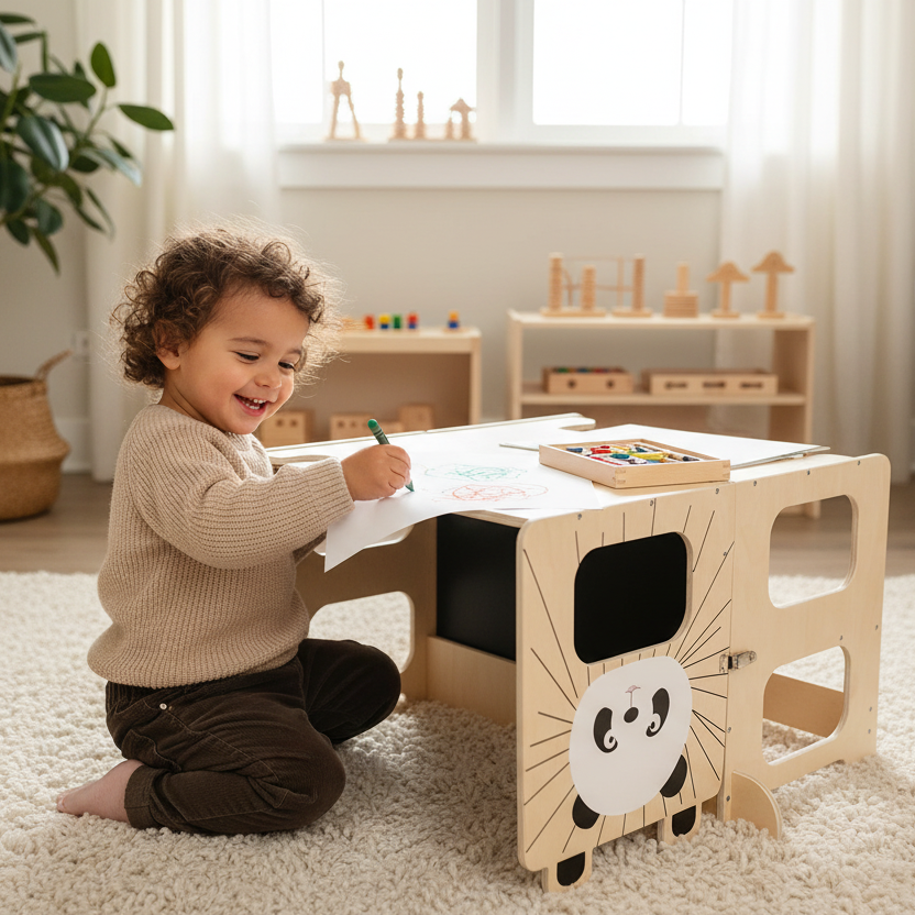 Torre Primi Passi™ Montessori - 3 in 1 Torre, Lavagna, Tavolino con Sedia