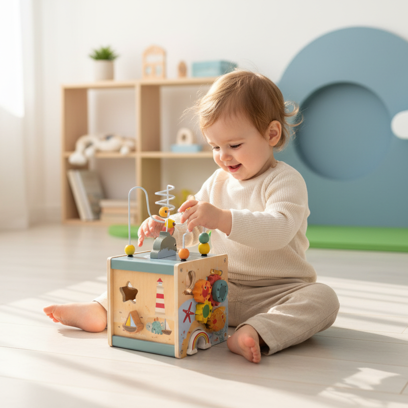 Cubo Sensoriale Primi Passi™ Montessori in Legno - 5 Attività in 1