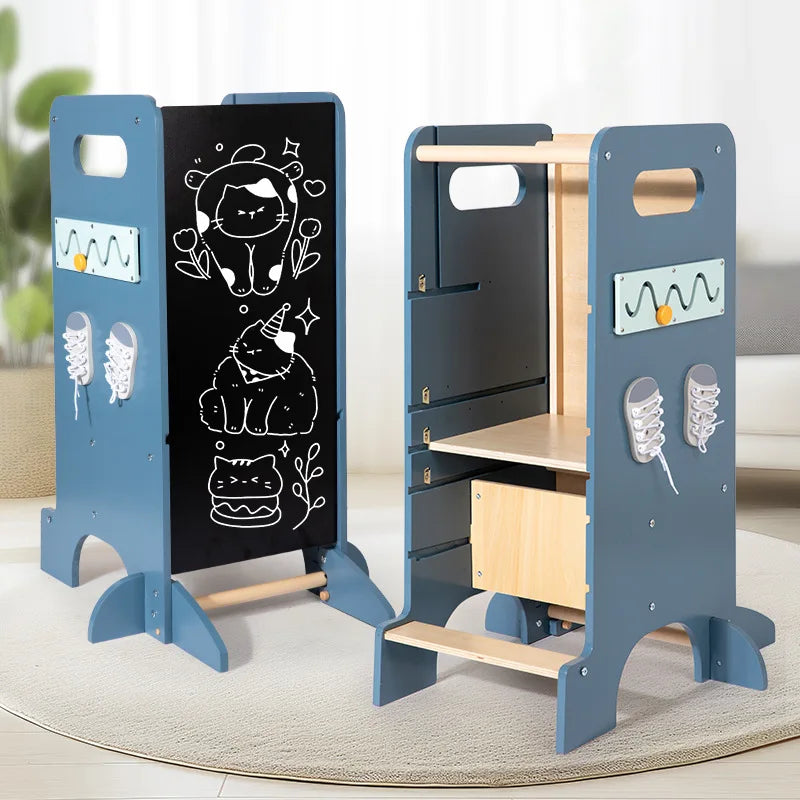 Torre Sgabello Primi Passi™ Montessori - Sgabello, Lavagna e Busy Board