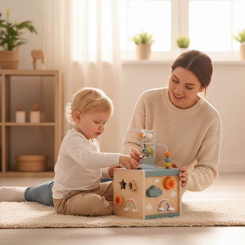 Cubo Sensoriale Primi Passi™ Montessori in Legno - 5 Attività in 1