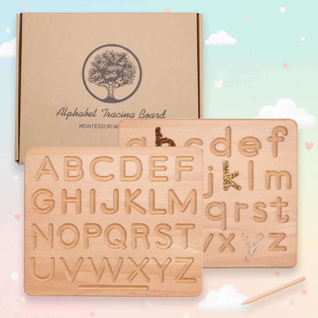 Tavoletta Montessoriana Primi Passi™ in Legno da Tracciare per Bambini, Lettere Maiuscole, Minuscole e Numeri Double Face - Gioco Educativo
